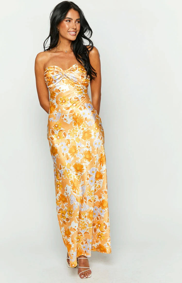 Satin Ruched Bodice Formal Dress with Open Back