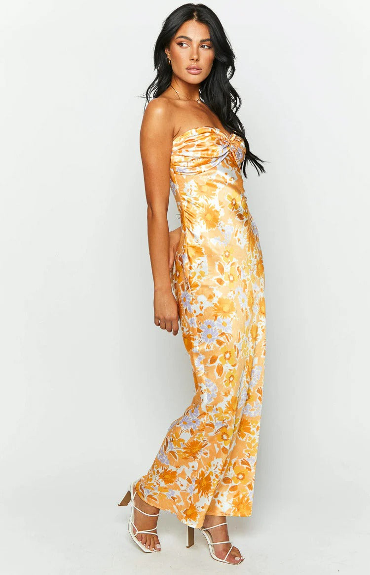 Satin Ruched Bodice Formal Dress with Open Back