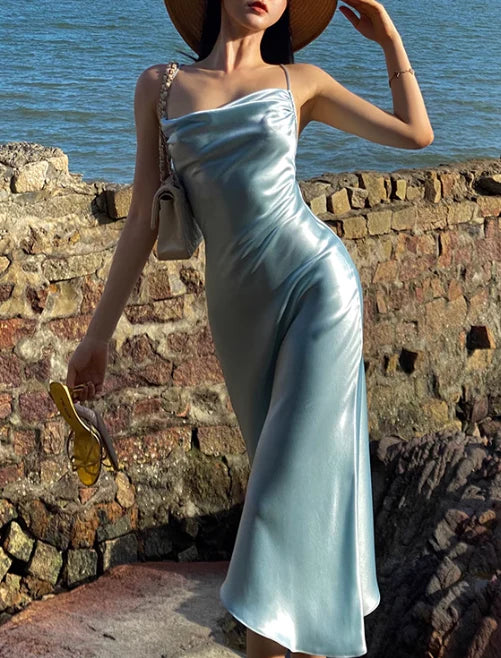 Satin Spaghetti-Strap Cowl Neck Crisscross Open-Back Midi-Length Elegant Formal Evening Dress
