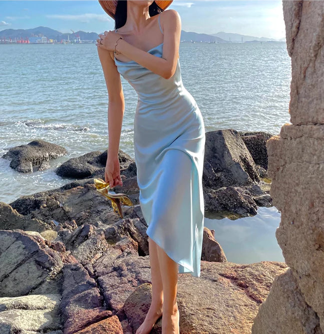 Satin Spaghetti-Strap Cowl Neck Crisscross Open-Back Midi-Length Elegant Formal Evening Dress