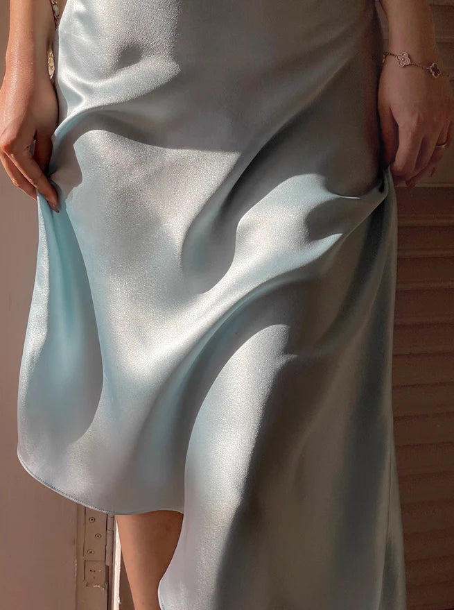 Satin Spaghetti-Strap Cowl Neck Crisscross Open-Back Midi-Length Elegant Formal Evening Dress