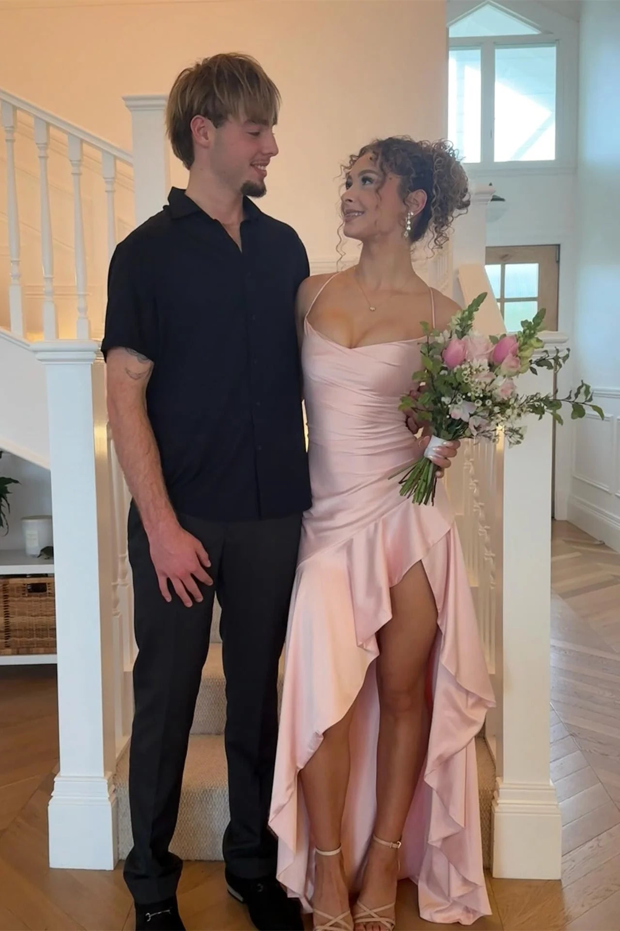 Satin Spaghetti-Strap Cowl Neck Ruched Bodice High-Slit Asymmetric Ruffle Mermaid Prom Dress