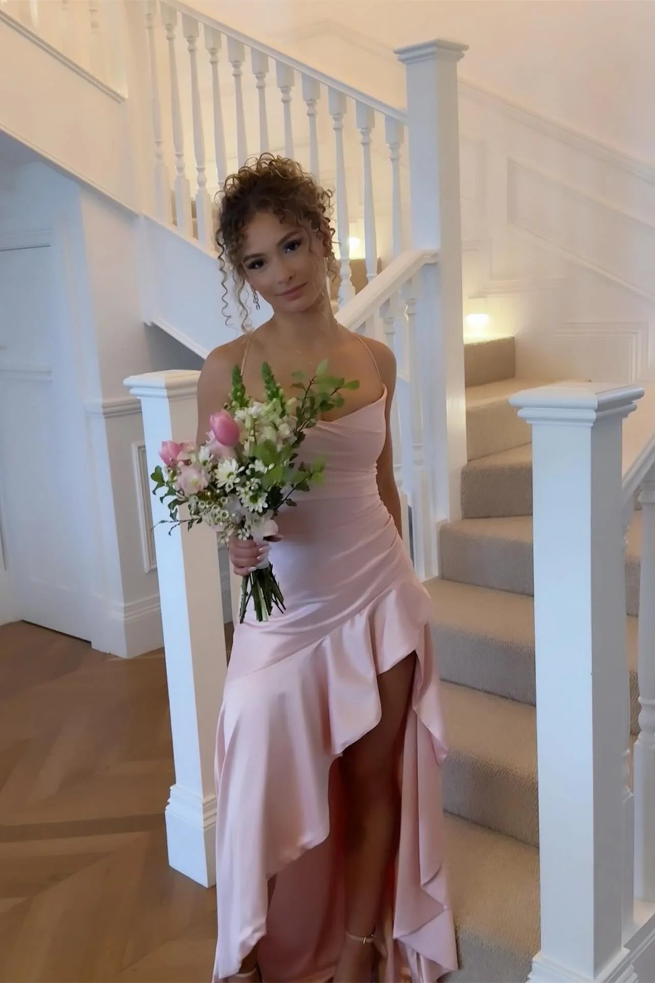 Satin Spaghetti-Strap Cowl Neck Ruched Bodice High-Slit Asymmetric Ruffle Mermaid Prom Dress