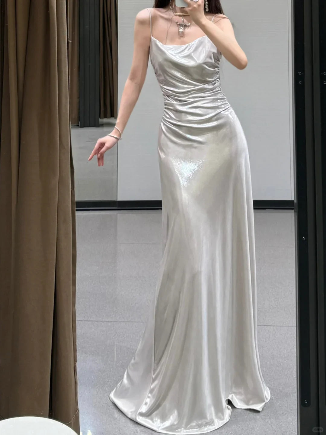 Satin Spaghetti-Strap Cowl Neck Ruched Bodice Open-Back Floor-Length Train Glamorous Formal Evening Dress