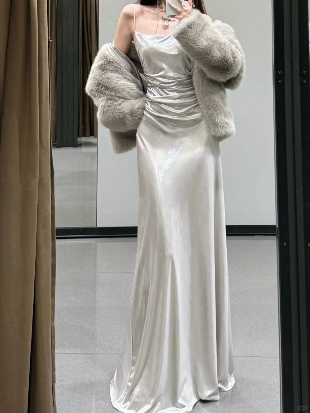 Satin Spaghetti-Strap Cowl Neck Ruched Bodice Open-Back Floor-Length Train Glamorous Formal Evening Dress