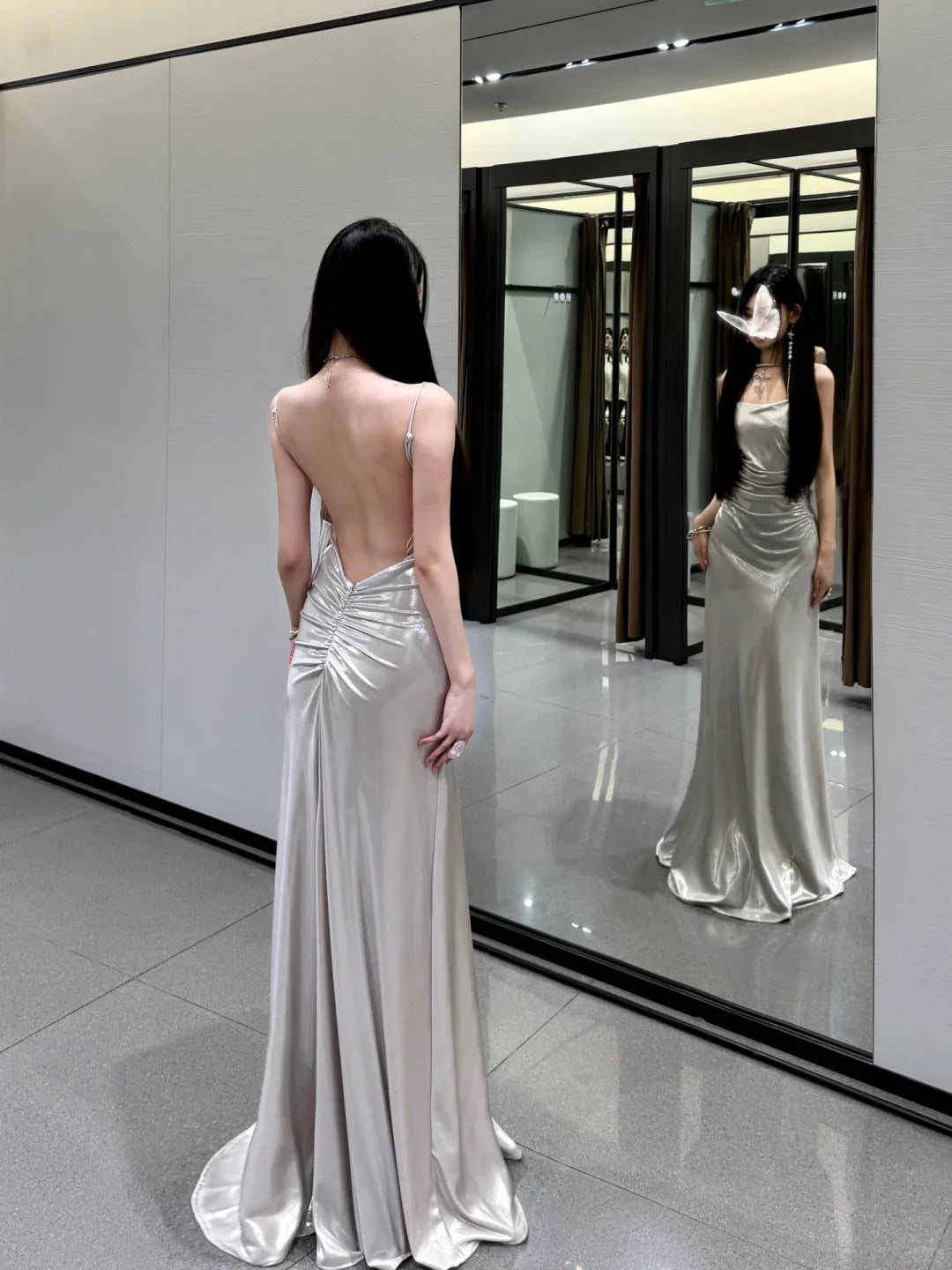 Satin Spaghetti-Strap Cowl Neck Ruched Bodice Open-Back Floor-Length Train Glamorous Formal Evening Dress