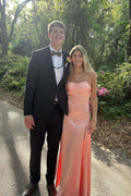 Blushing Pink Satin Sheath/column Sweetheart Floor-Length Dress with Ruched bodice and High slit