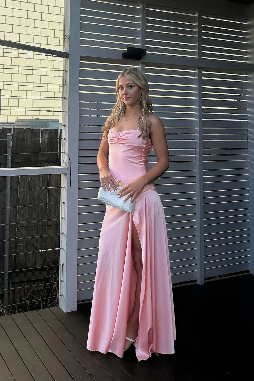 Blushing Pink Satin Sheath/column Sweetheart Floor-Length Dress with Ruched bodice and High slit