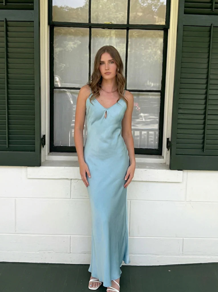 Satin Spaghetti-Strap Keyhole-Neck Slip-Style Floor-Length Evening Dresses