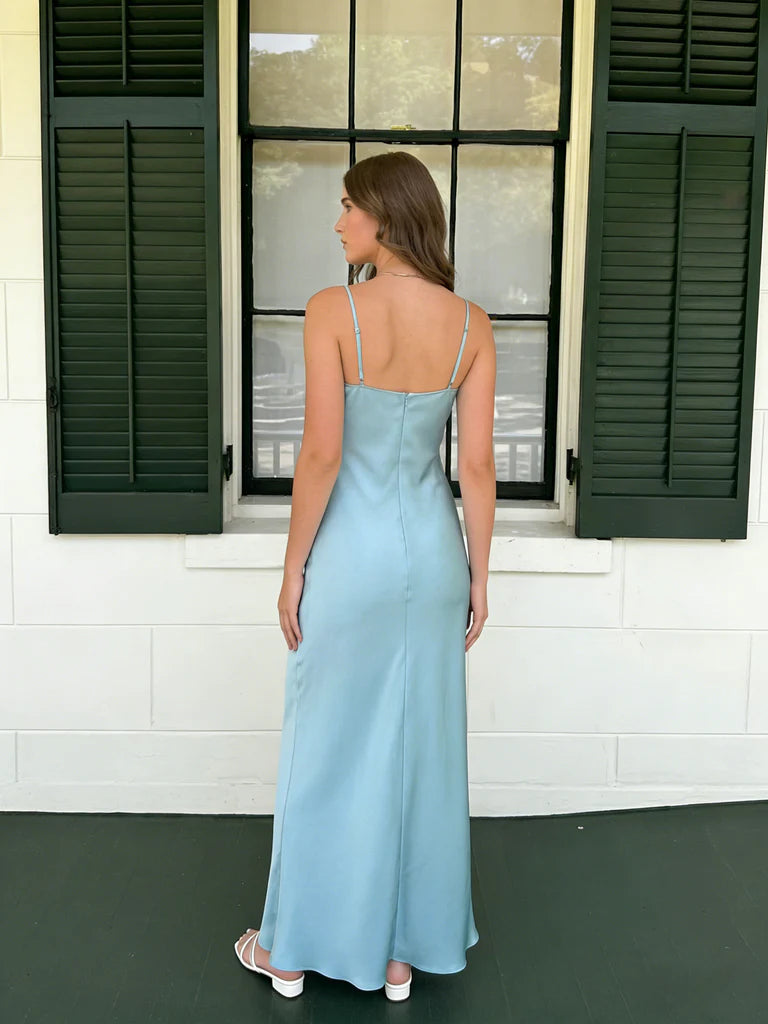 Satin Spaghetti-Strap Keyhole-Neck Slip-Style Floor-Length Evening Dresses