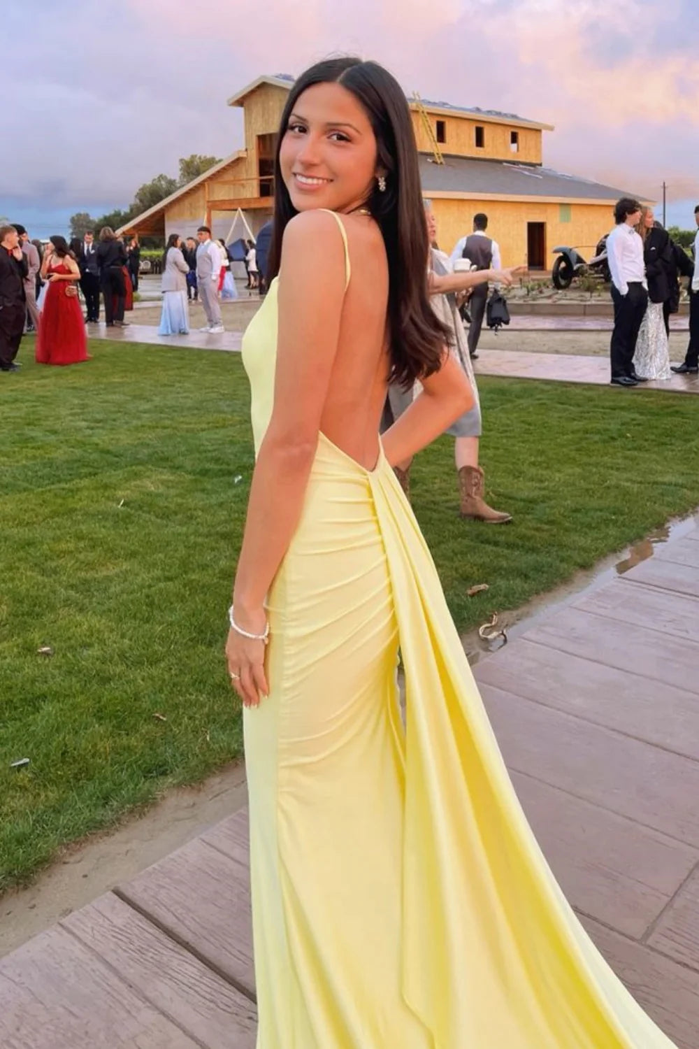 Lemon Satin Sheath/Column Floor-Length Dress with Ruched Side Detail & Spaghetti Straps