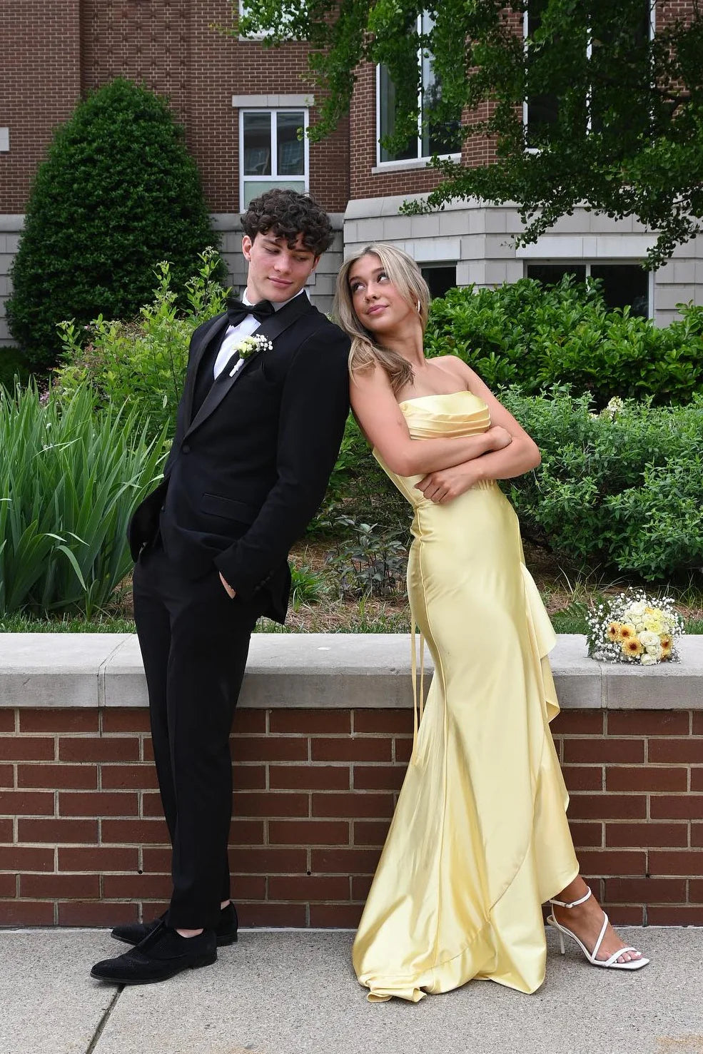 Satin Strapless Cowl Neck Asymmetric Ruffle High-Slit Mermaid Prom Dress