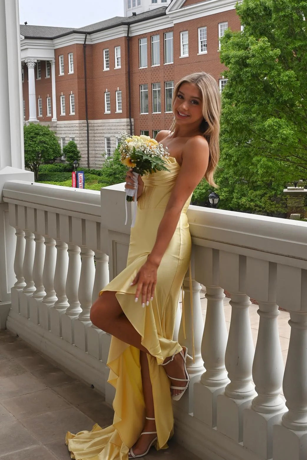 Satin Strapless Cowl Neck Asymmetric Ruffle High-Slit Mermaid Prom Dress