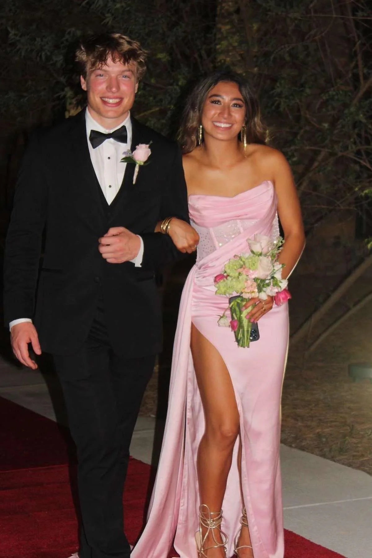 Pink Satin Sweetheart Sheath/Column Floor-Length Gown with High Slit