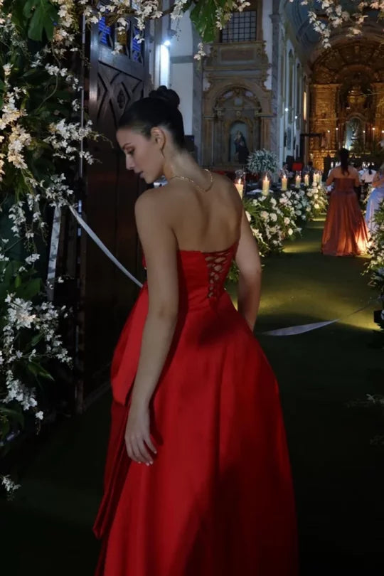Red Satin A-Line Floor-Length Evening Dress with Sweetheart Neckline and Peplum Waist