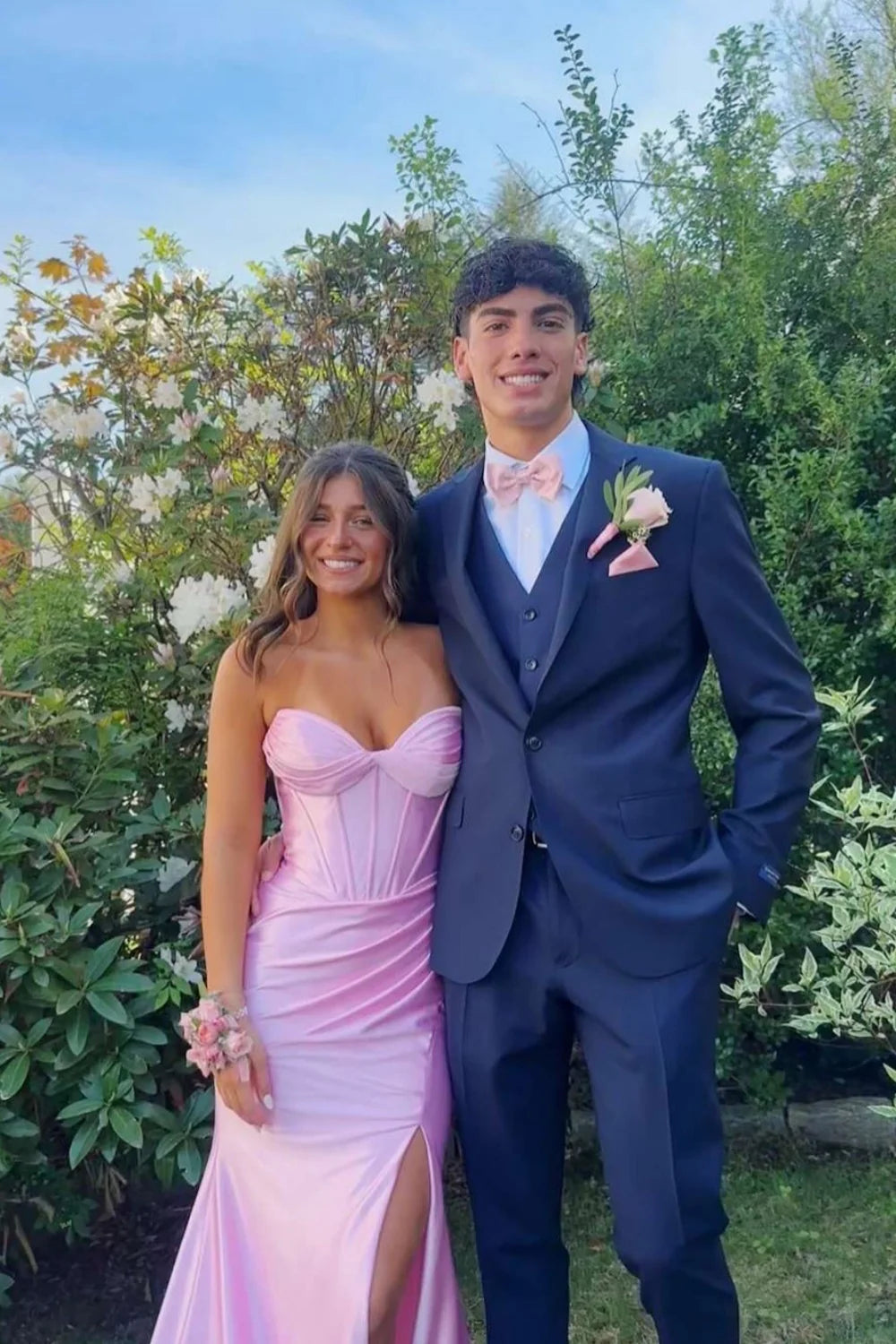 Pink Satin Sweetheart Mermaid Floor-Length Dress with Boned Bodice and High Slit