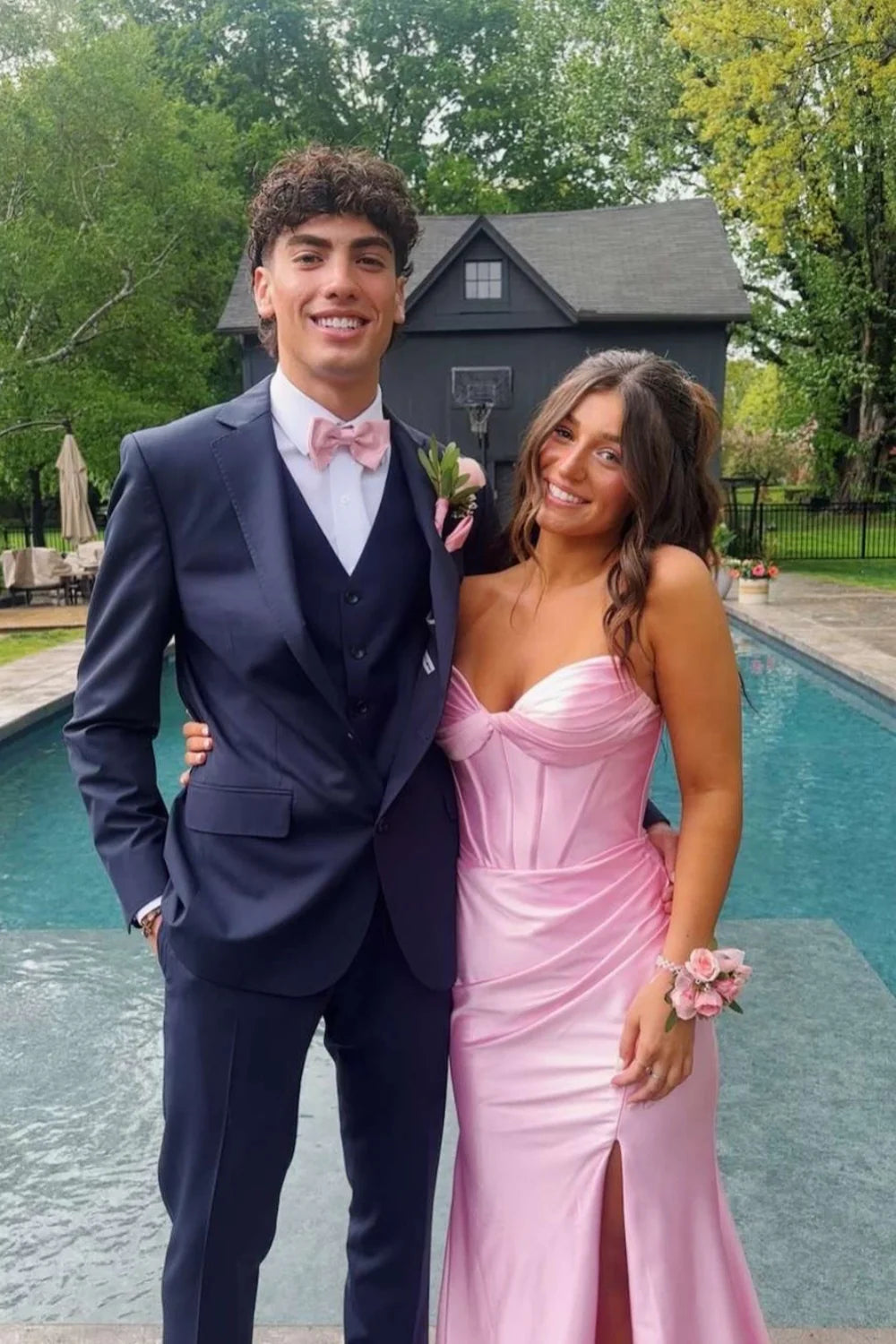 Satin Strapless Sweetheart Corset Bodice Lace-Up Back Ruched High-Slit Mermaid Train Prom Dress