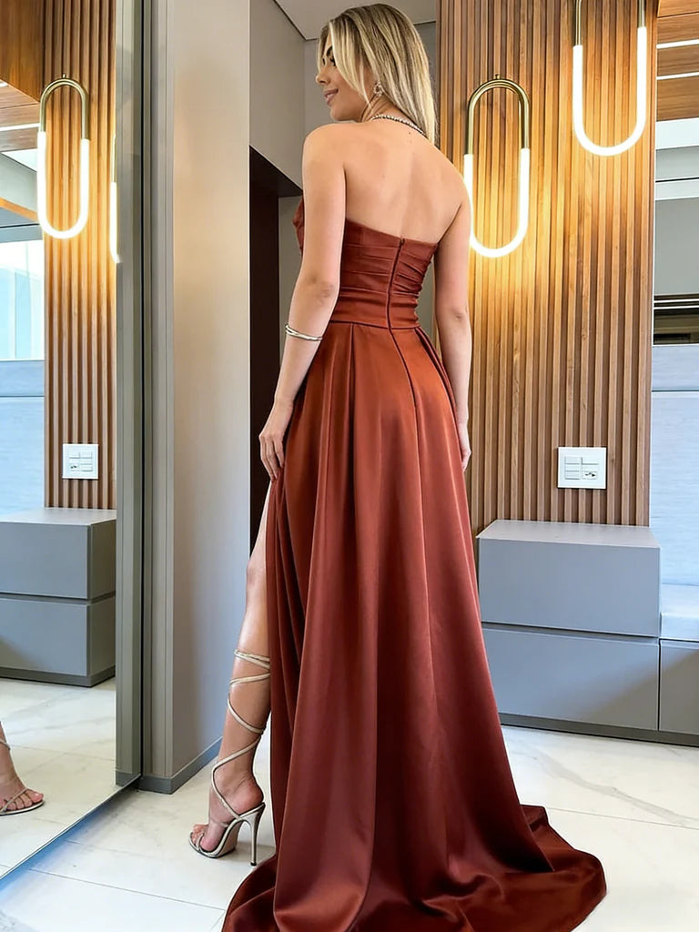 Satin Strapless Sweetheart Cut-Out Slit A-Line Floor-Length Evening Dresses
