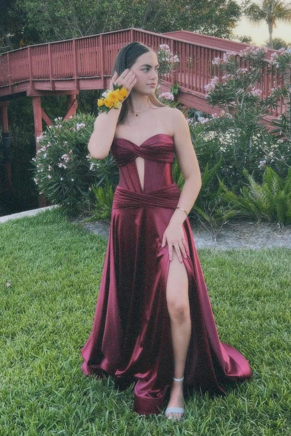 Satin Strapless Sweetheart Cutout Bodice Ruched High-Slit A-Line Train Prom Dress