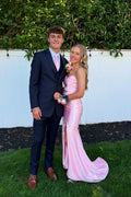 Pink Satin Mermaid Floor-Length Straight Neck Dress with Cut-out Bodice & High Slit