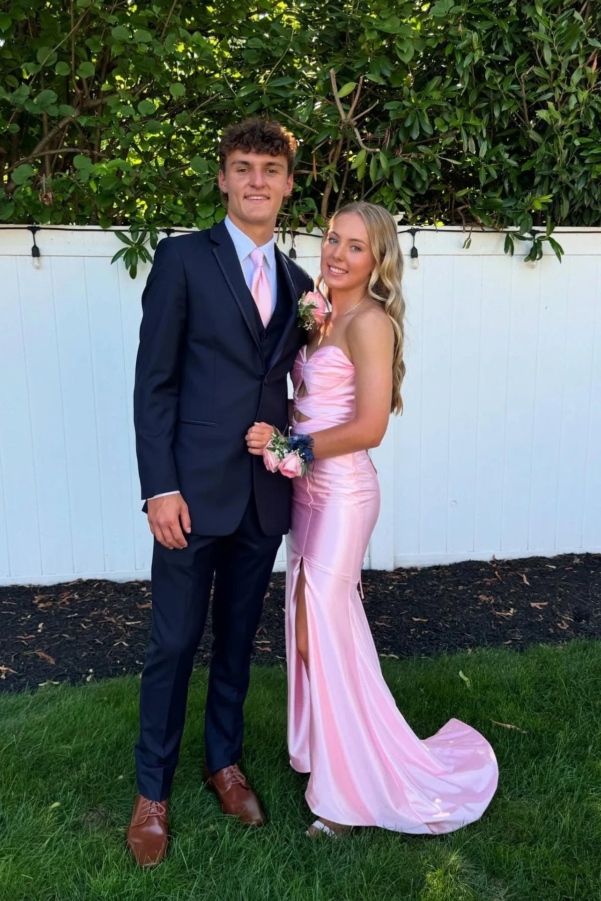 Pink Satin Mermaid Floor-Length Straight Neck Dress with Cut-out Bodice & High Slit