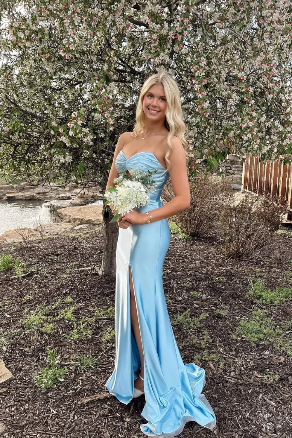 Satin Strapless Sweetheart Cutout Bodice Ruched High-Slit Mermaid Train Prom Dress