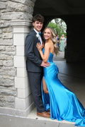 Blue Satin Sweetheart Sheath/Column Floor-Length Dress with Corset & High Slit