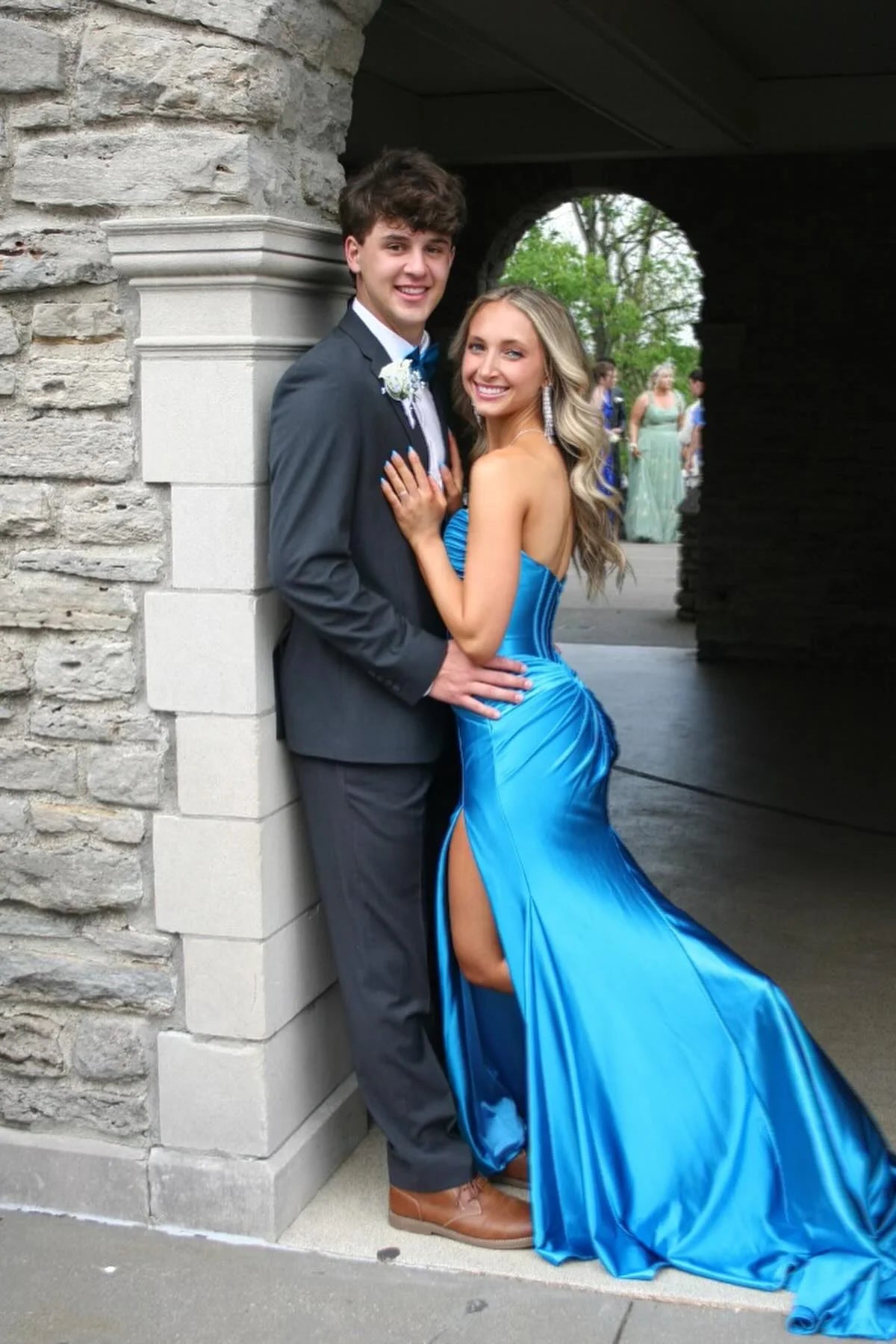 Blue Satin Sweetheart Sheath/Column Floor-Length Dress with Corset & High Slit