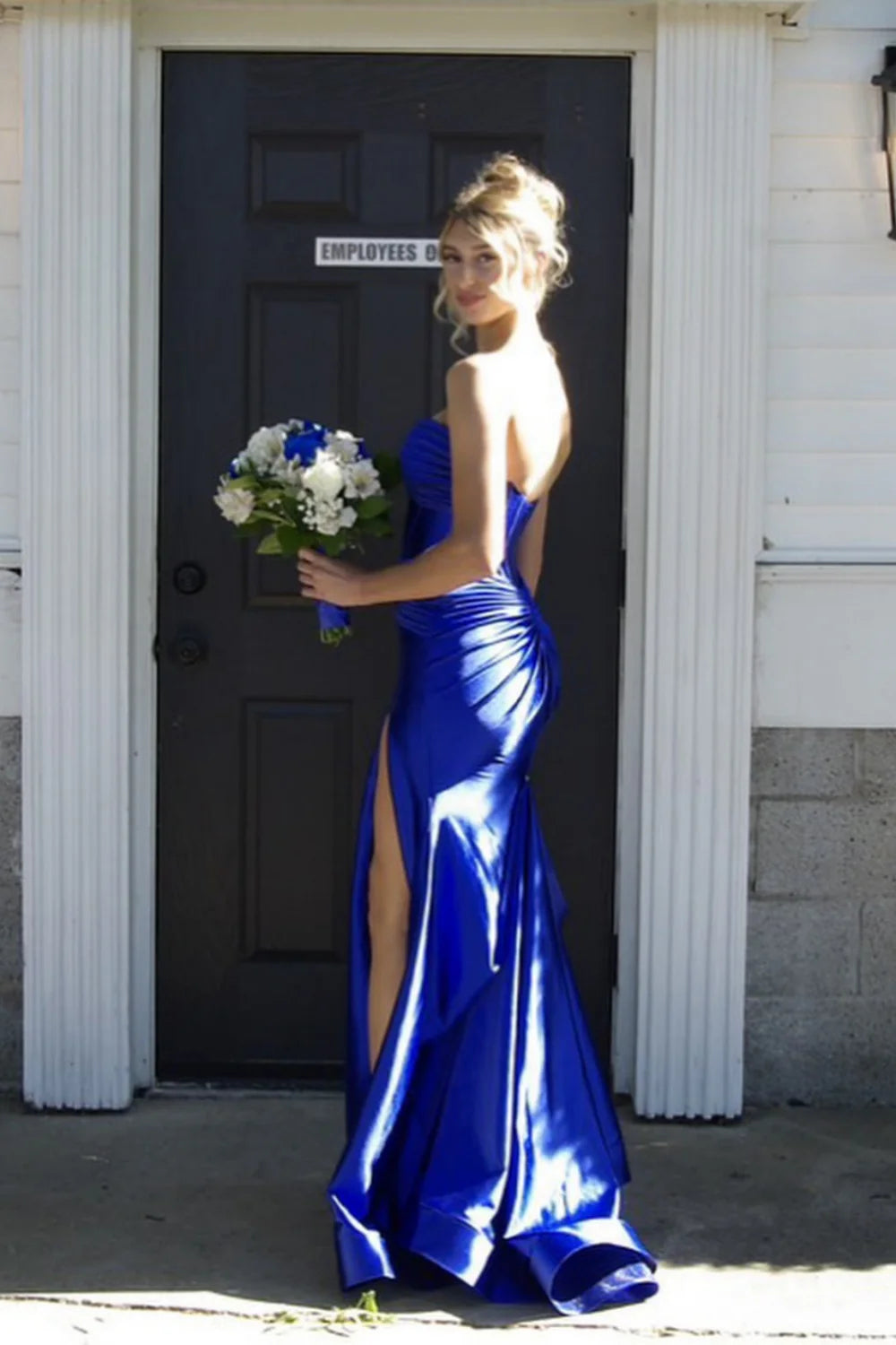 Blue Satin Sweetheart Sheath/Column Floor-Length Dress with Corset & High Slit