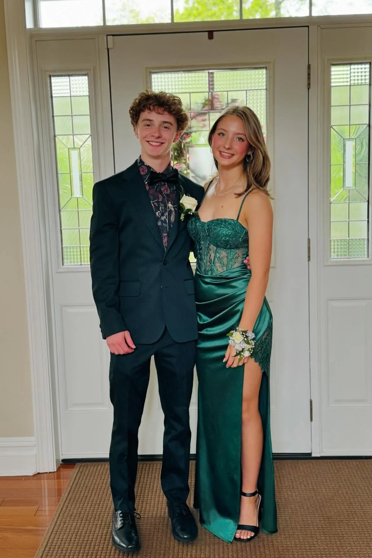 Emerald Satin Sweetheart Floor-Length Gown with Lace Corset Bodice and High Slit
