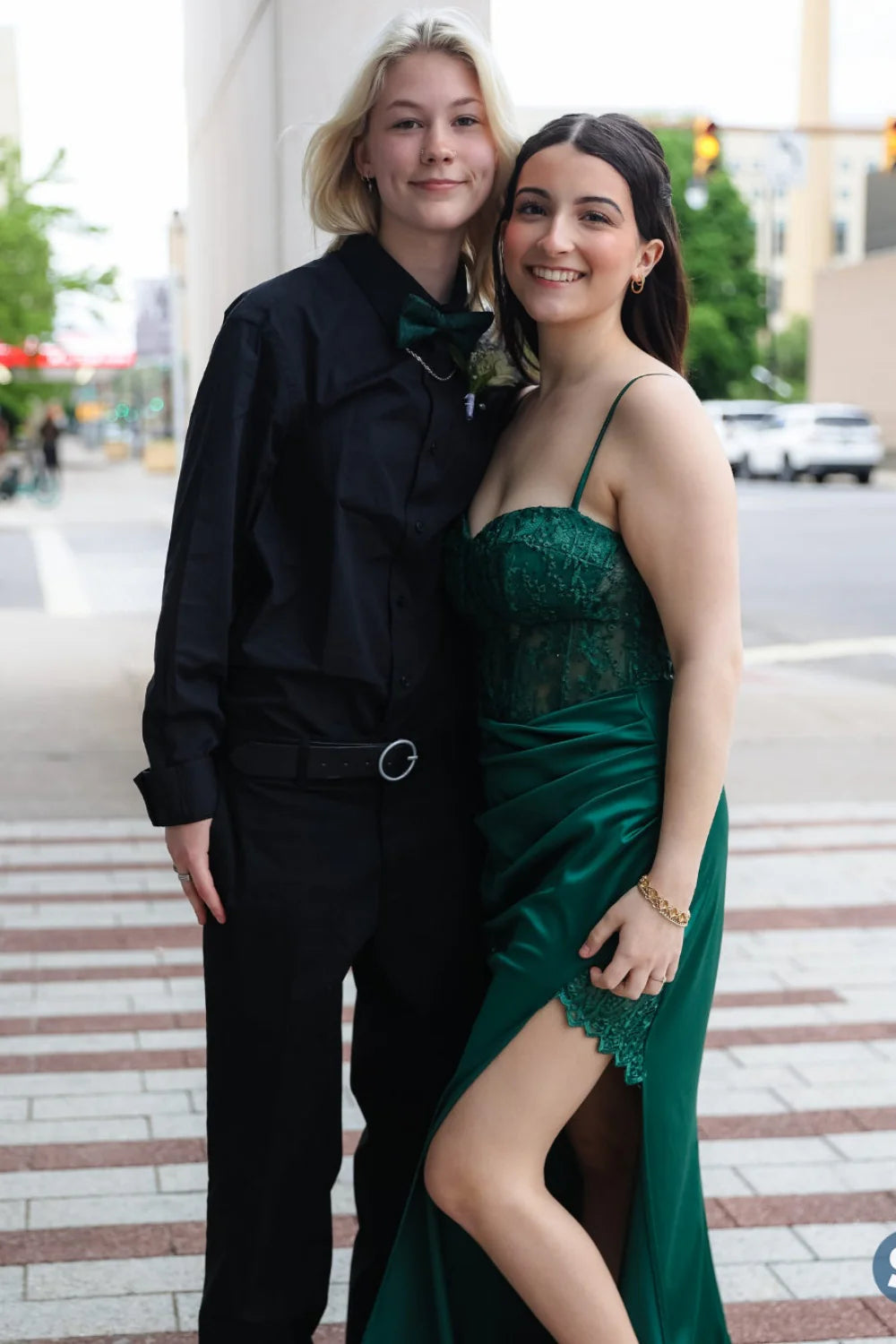 Emerald Satin Sweetheart Floor-Length Gown with Lace Corset Bodice and High Slit