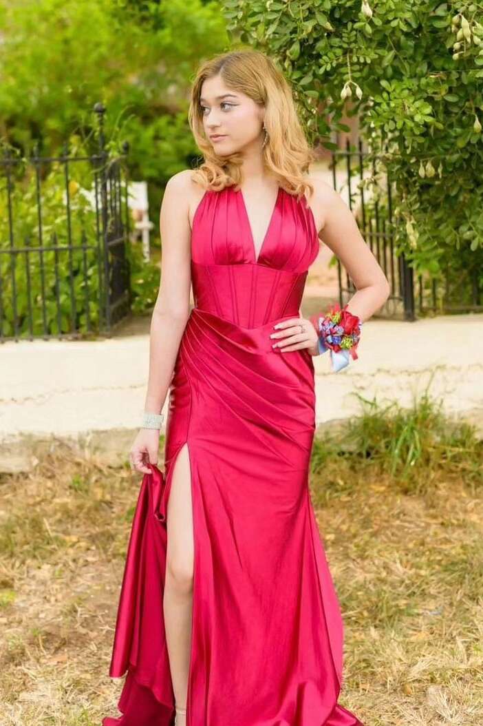 Burgundy Satin Sheath/column Halter Neckline Floor-Length Dress with High Slit