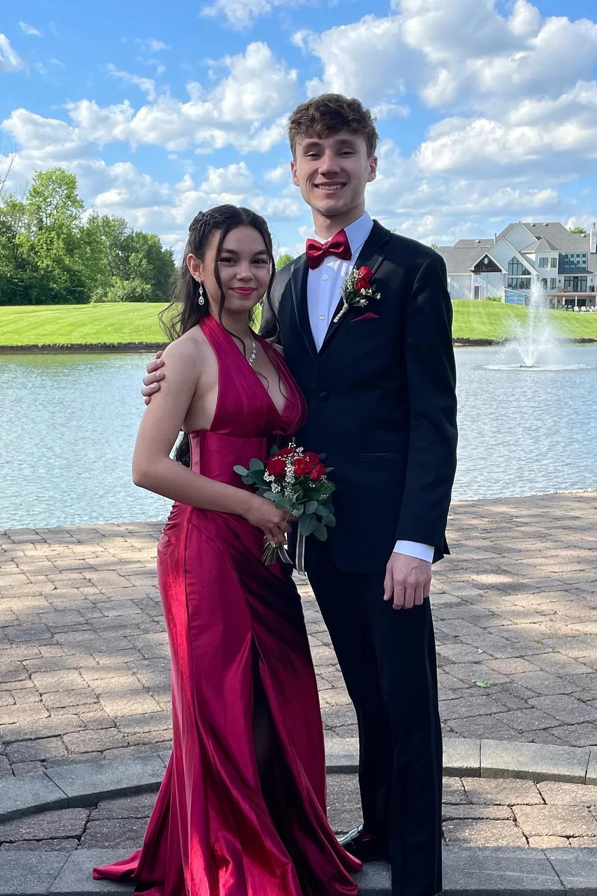 Burgundy Satin Sheath/column Halter Neckline Floor-Length Dress with High Slit