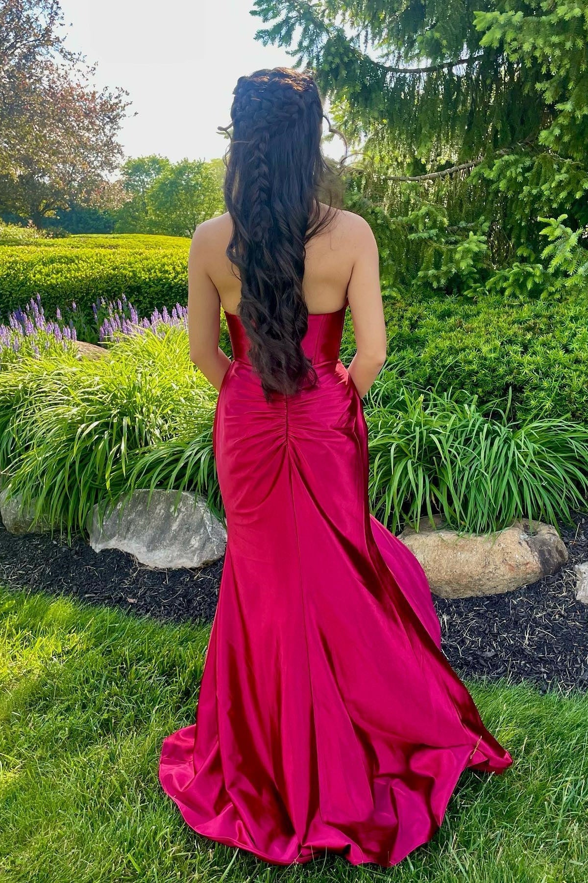 Scarlet Red Halter Neck Satin Prom Dress with Corset Bodice & Mermaid Hem