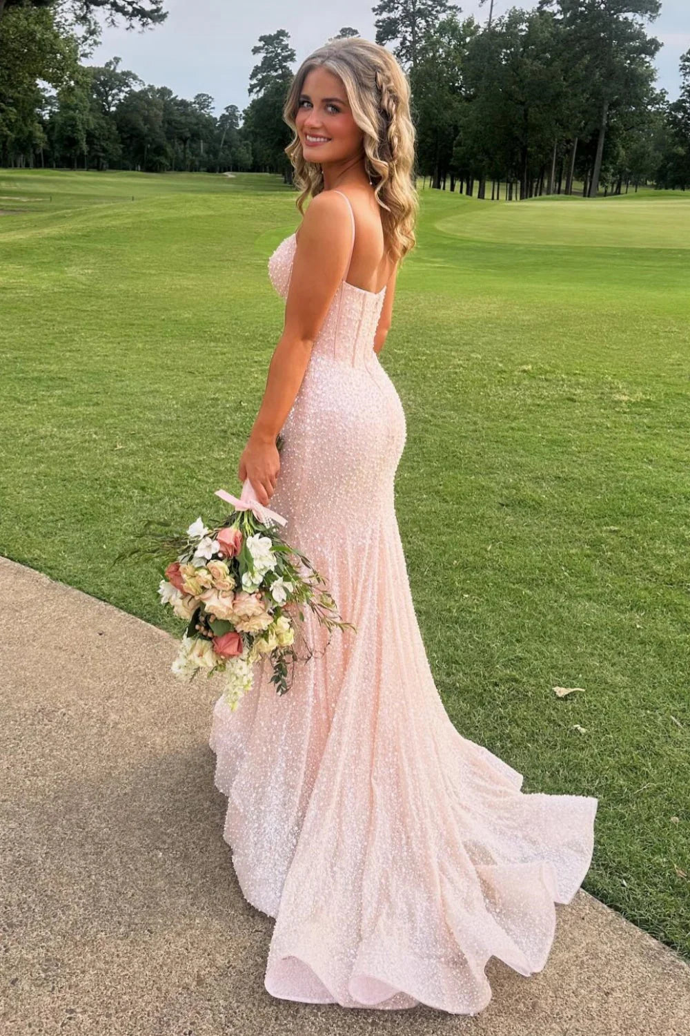 Blushing Pink Sequin Mermaid Evening Dress
