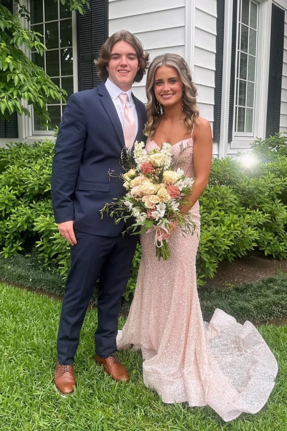 Sequin Spaghetti-Strap Sweetheart Corset Bodice Mermaid Train Prom Dress