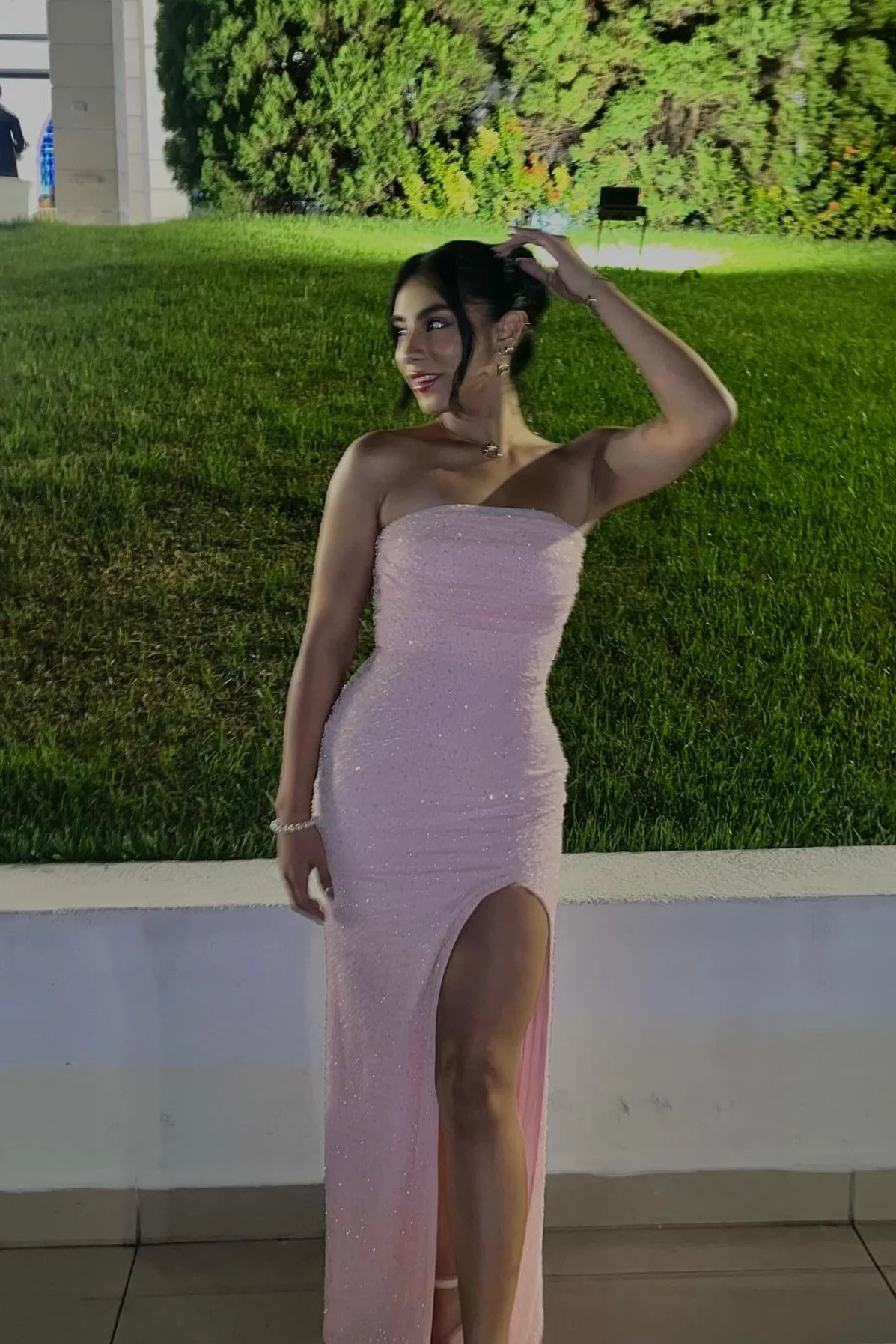 All-Over Sequin Strapless Sweetheart Structured Bodice Thigh-High Slit Sheath Floor-Length Prom Dress