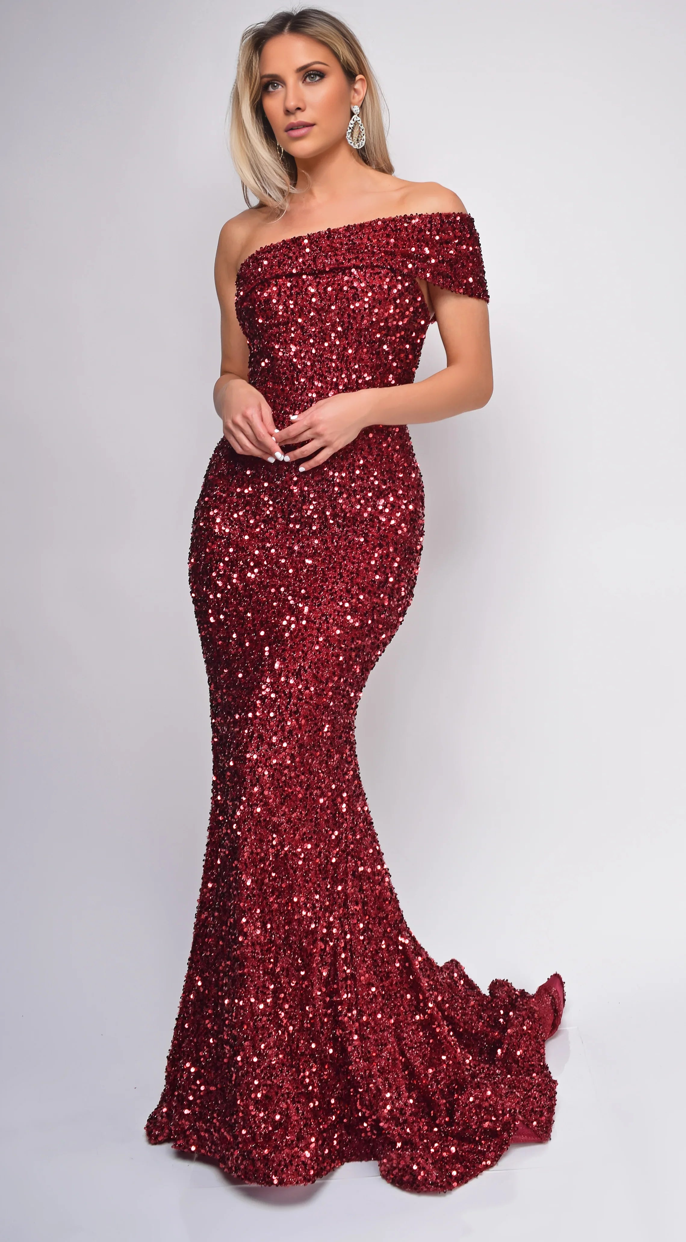 Sequined Burgundy Sequin Off-the-Shoulder Neck Mermaid Train Evening Dress