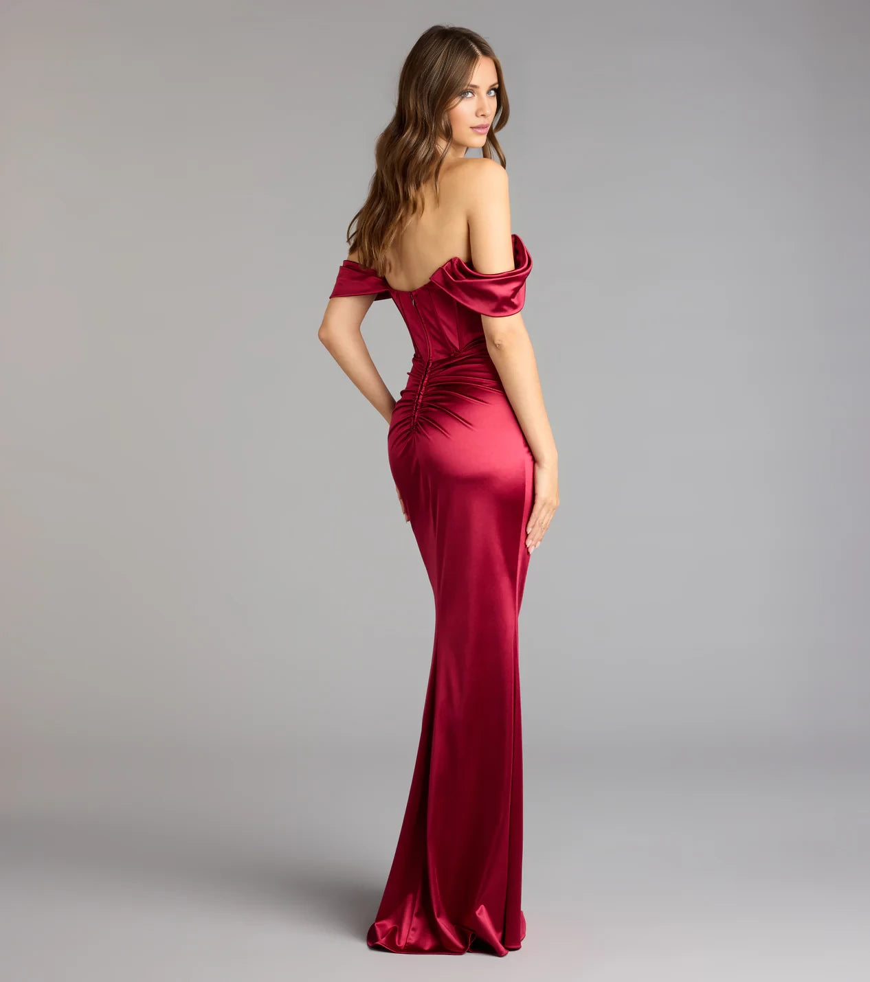 Sexy Burgundy Off-Shoulder Neck Sleeveless Ruched Slit Satin Mermaid Floor-Length Evening Dress