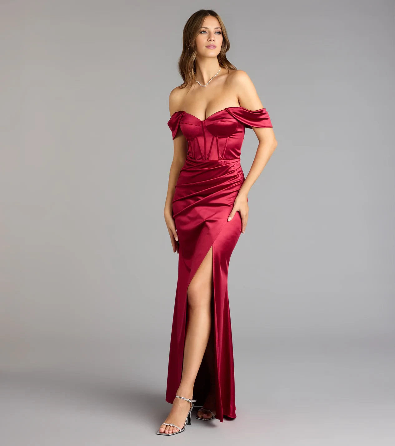 Sexy Burgundy Off-Shoulder Neck Sleeveless Ruched Slit Satin Mermaid Floor-Length Evening Dress