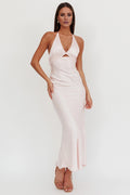 Blushing Pink Satin Mermaid Ankle-Length Dress with Halter Neckline & Bust Cut-Out for Prom & Wedding Guests