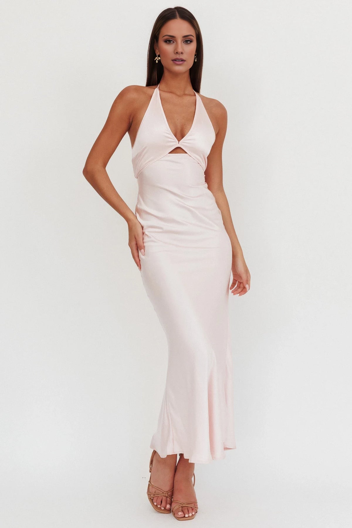 Blushing Pink Satin Mermaid Ankle-Length Dress with Halter Neckline & Bust Cut-Out for Prom & Wedding Guests