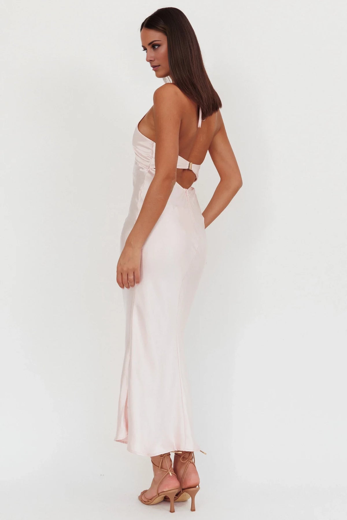 Blushing Pink Satin Mermaid Ankle-Length Dress with Halter Neckline & Bust Cut-Out for Prom & Wedding Guests