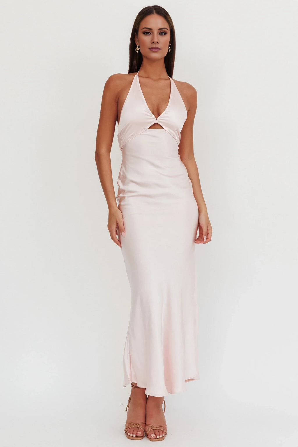 Blushing Pink Satin Mermaid Ankle-Length Dress with Halter Neckline & Bust Cut-Out for Prom & Wedding Guests