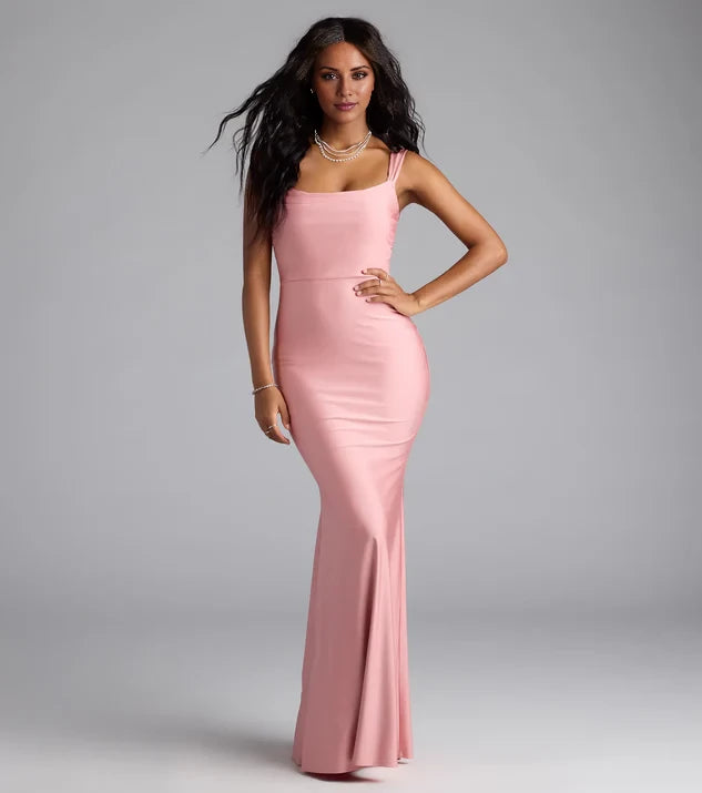 Sexy Square Neck Spaghetti Strap Sleeveless Backless Mermaid Floor-Length Evening Dress