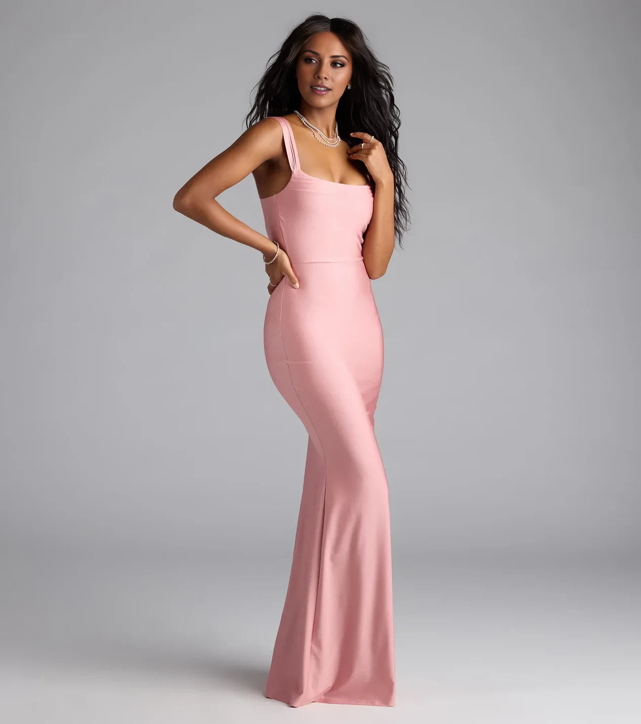 Sexy Square Neck Spaghetti Strap Sleeveless Backless Mermaid Floor-Length Evening Dress