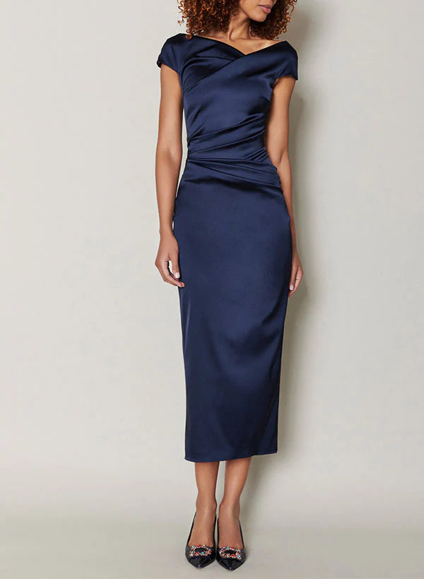 Vestido de madre de la novia largo con solapa estilo columna y corte ajustado