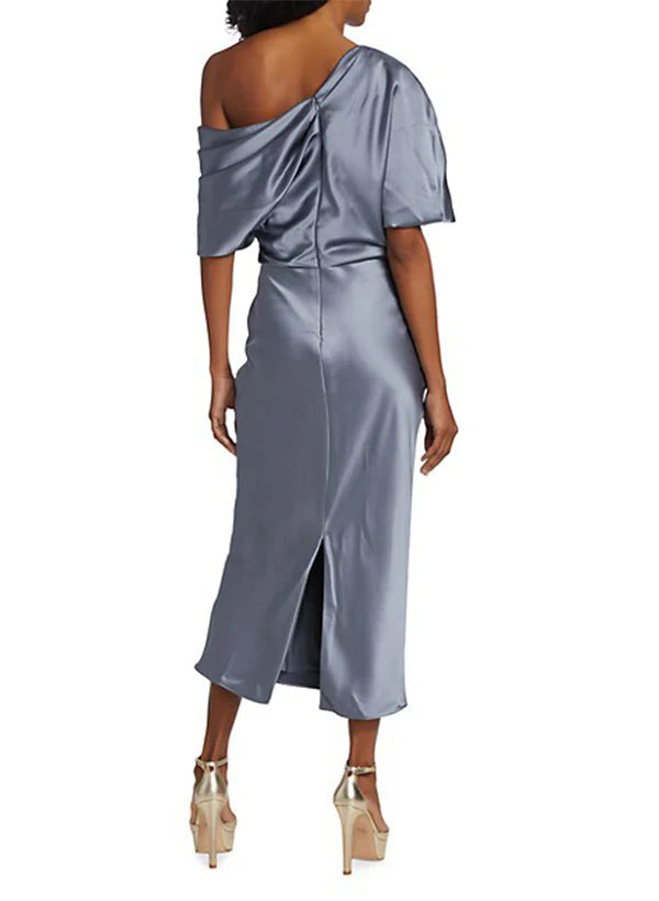 Slate Blue One Shoulder Satin Midi Dress for Bridesmaids & Wedding Guests