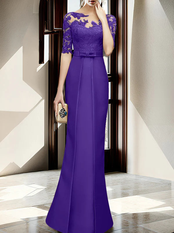 Champagne Satin Sheath/Column Mother of the Bride Floor-Length Dress with Lace Boat Neck