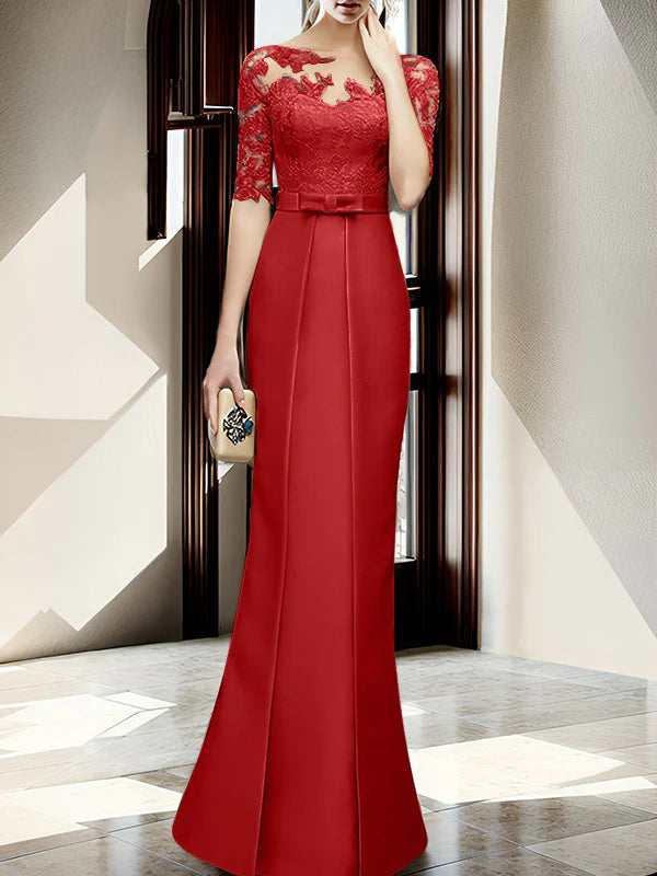 Champagne Satin Sheath/Column Mother of the Bride Floor-Length Dress with Lace Boat Neck